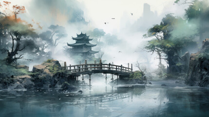 serene bamboo bridge over misty river, surrounded by lush greenery and pagoda