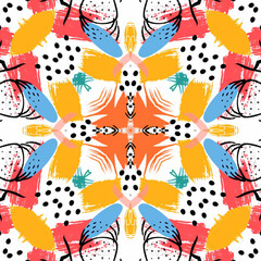 Colorful oriental mosaic square rug with a traditional central medallion with floral motif and geometric ornaments. Patterned carpet with a border frame. Cross stitch template