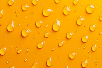 Vibrant Close-Up of Water Droplets on Bright Orange Surface with High Contrast Light