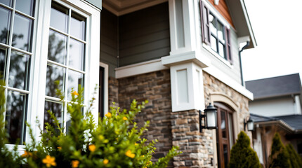Obraz premium Close-up view of a house exterior featuring stone cladding, white trim, large windows, and a partially visible entrance. Greenery is in the foreground.
