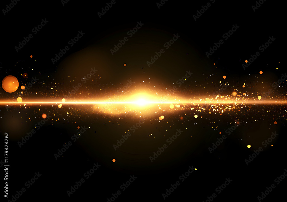 Poster cosmic light burst in space with glowing particles and dark background