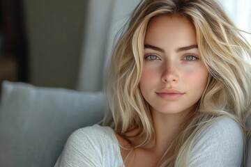 beauty portrait of young blonde woman relaxing on modern gray sofa at home, natural daylight streaming through window, casual weekend photoshoot setting