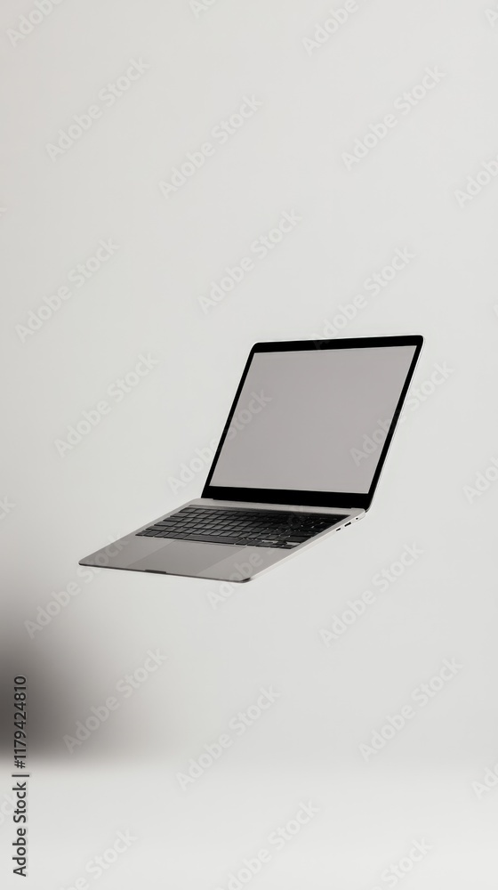 Aufkleber modern, thin laptop with a blank screen levitating against a white background, ideal for displaying 