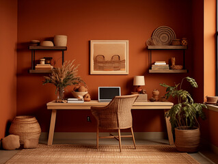 Nomadic and tribal style home office interior with terracotta walls, natural wood rustic furniture and artwork on the wall 