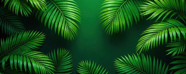 Dense tropical green palm frond foliage background, jungle, tropical, scenery