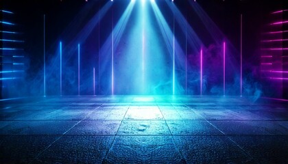 A stage illuminated with vibrant purple and blue lights, creating a dynamic and energetic atmosphere for the performance