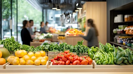 a modern display table with fresh organic prod