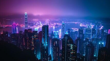 Obraz premium A city skyline at night with a purple hue