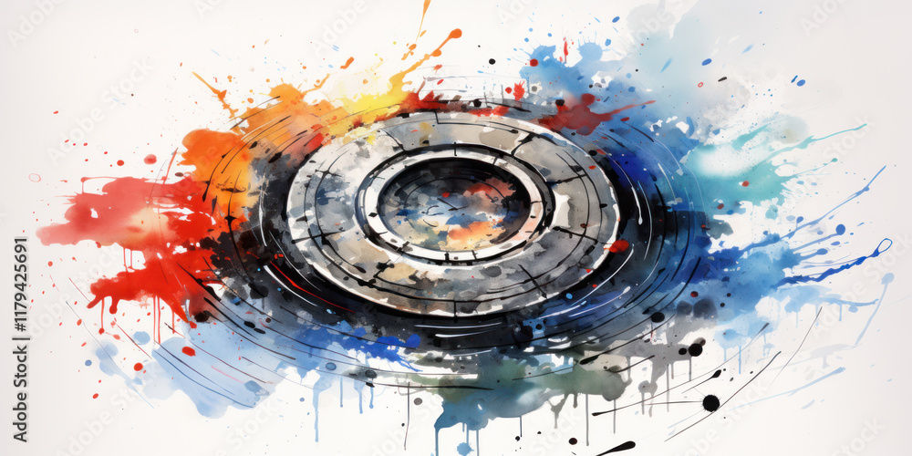 Poster abstract circular design with vibrant colors and splashes of paint