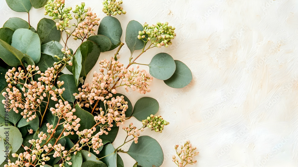Sticker eucalyptus branches and buds arranged on textured background, creating a floral border for design pr