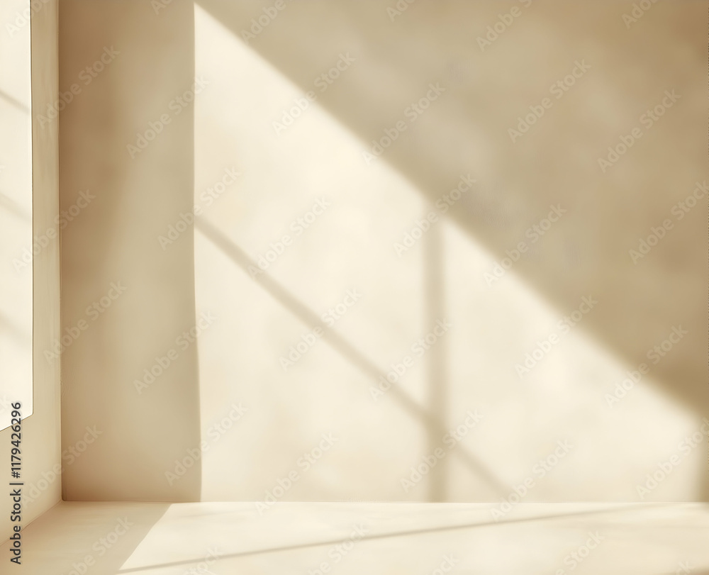Poster sunlit room corner with soft shadow patterns illuminating a tranquil indoor space aesthetic