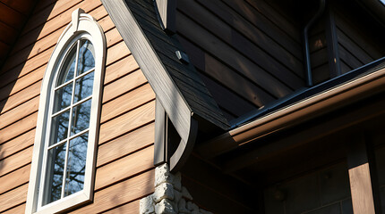 House Exterior with Arched Window and Copper Gutter
