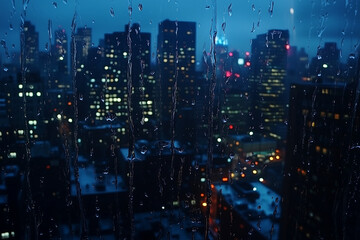 Obraz premium Rainy Cityscape Through a Window at Night with Blurred Lights and Raindrops on Glass