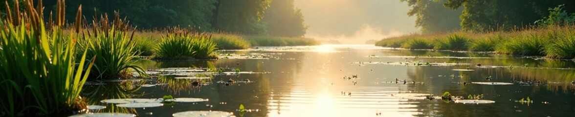 Morning light on the Kurchum River with reeds and lily pads, floodplain, light
