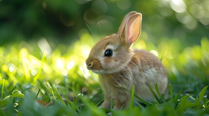 Fototapeta premium Rabbit standing in a green meadow