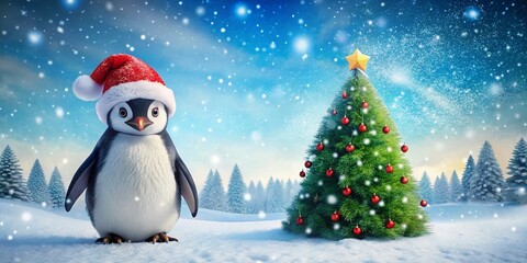 Cute Penguin Christmas Postcard Banner - Festive Holiday Winter Scene