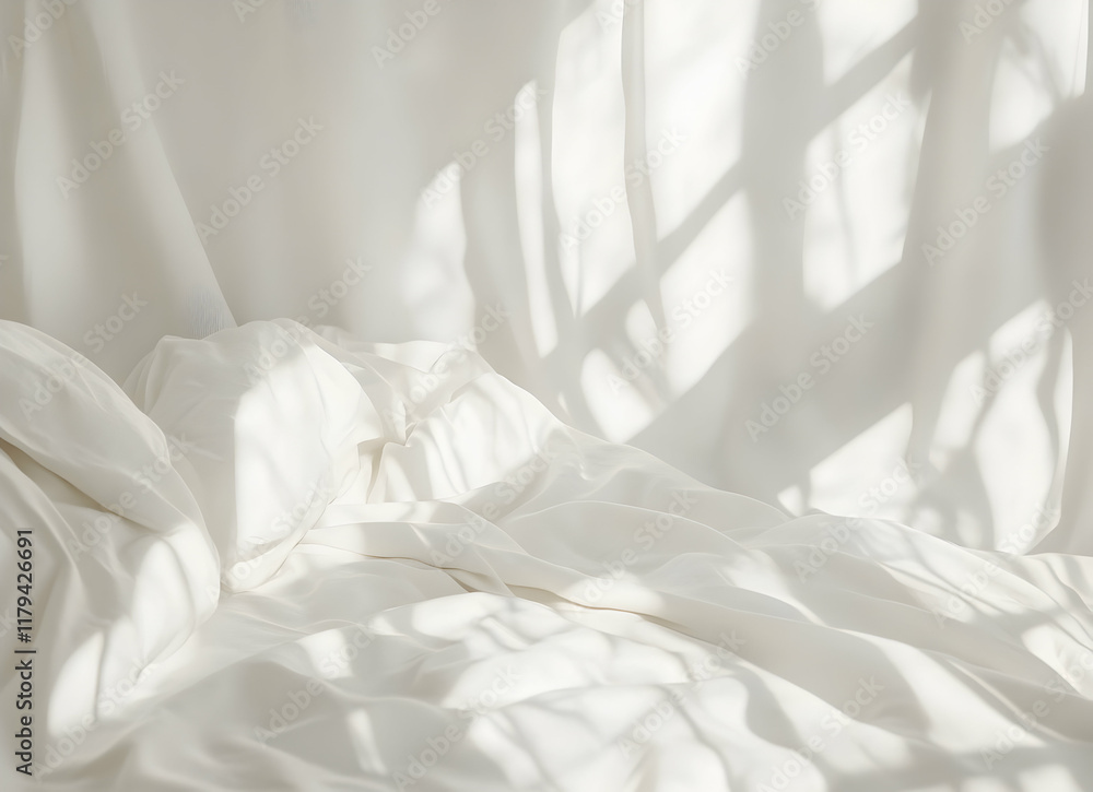 Poster serene white bedding with soft light and shadows in a minimalistic room setting