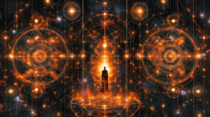 Silhouetted figure in cosmic orange energy with geometric patterns. The concept of mysticism, rituals, astrology, fortune-telling, shamanism, tarot, seers, clairvoyants