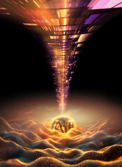 AI glowing sphere over wave golden, digital landscape under a dramatic sunset sky with copyspace. AI impact concept.