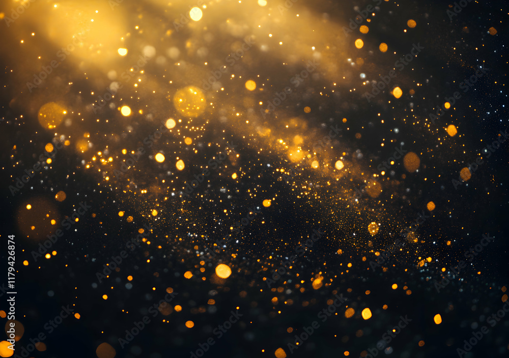Poster sparkling abstract golden bokeh on dark background with shimmering light effects