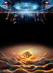 AI glowing sphere over wave golden, digital landscape under a dramatic sunset sky with copyspace. AI impact concept.