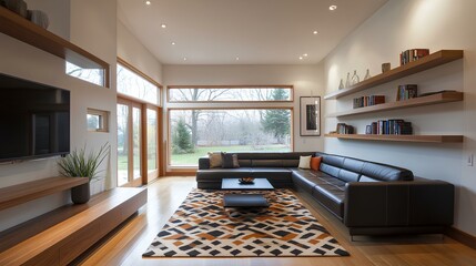 A living room with a black couch and a coffee table