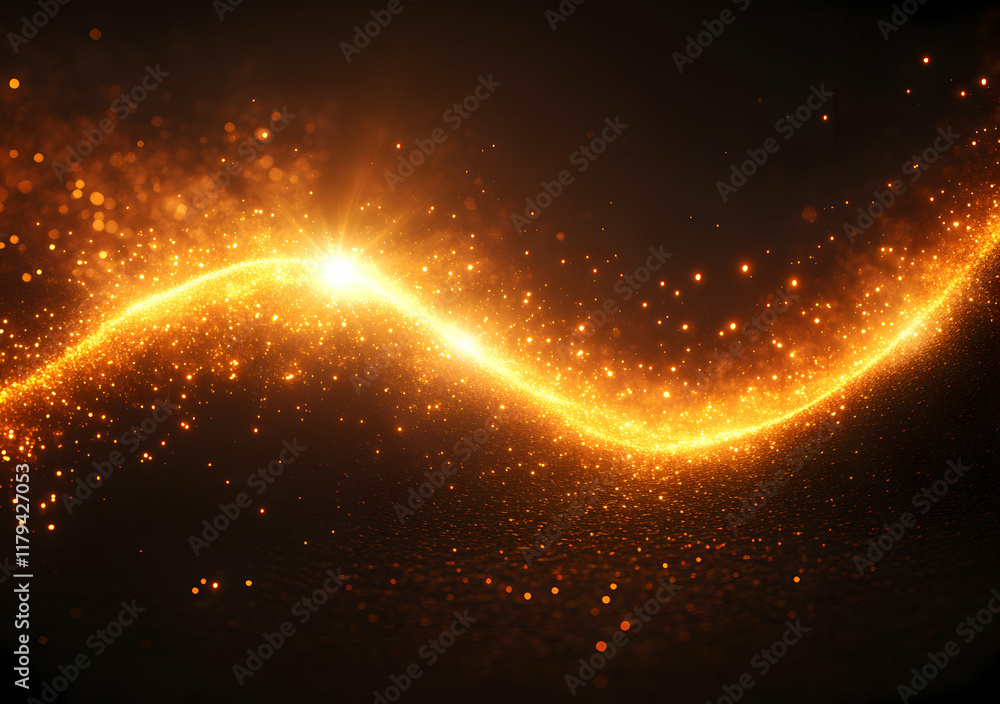 Poster glowing golden light wave with bright particles in abstract dynamic motion