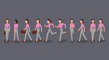 A woman walk and running in different views. Vector illustration