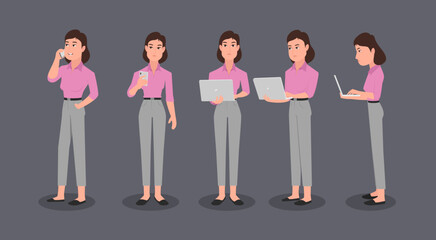 A woman different views with a laptop and mobile using. Vector illustration