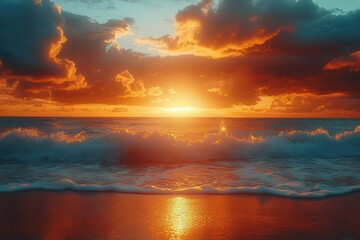 Fototapeta premium beautiful sunset over turquoise ocean waves gently lapping against pristine sandy shore with golden sunlight streaming through dramatic cloud formations at dusk