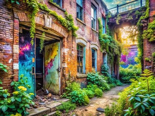 Fototapeta premium Cute Watercolor Urban Exploration: Whimsical Graffiti & Abandoned Buildings