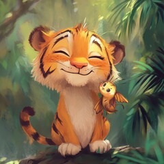 Fototapeta premium Happy Tiger Cub Befriends Small Moth In Jungle
