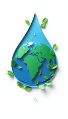 Obraz premium Illustration of earth in water drop shapewith green leaves, concept of world water day, created with, Paper Cutout style, with white tones