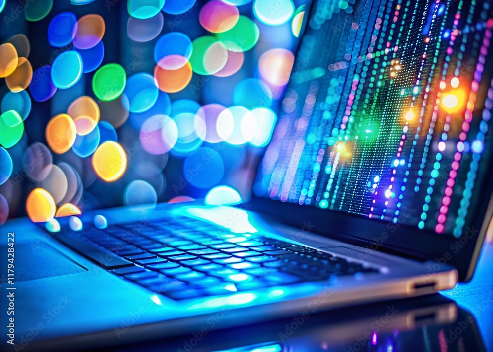 Poster cybersecurity breach: blurred background bokeh effect, hacker concept stock photo