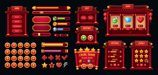 Chinese game interface, gui buttons and frames asset. Cartoon vector asian Ui windows, options, settings plates, progress bars and icons. User panels, boards, sliders, keys and interactive menu panels © Buch&Bee