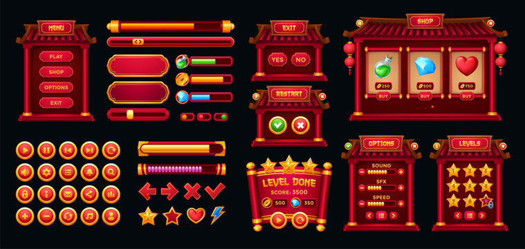 Chinese game interface, gui buttons and frames asset. Cartoon vector asian Ui windows, options, settings plates, progress bars and icons. User panels, boards, sliders, keys and interactive menu panels