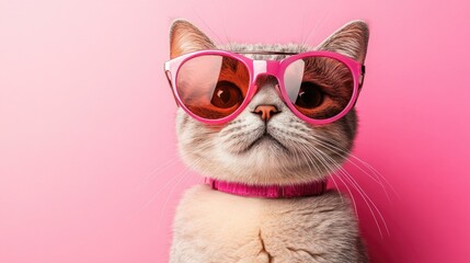 Fototapeta premium Stylish cat wearing pink sunglasses against a vibrant pink background