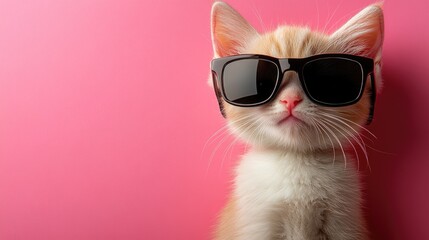 Cool ginger kitten with black sunglasses on pink background