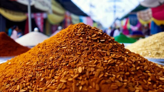 Close-up of a vibrant spice market stall featuring a large mound of orange spices with seeds, surrounded by colorful spices and blurred market stalls in the background.