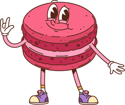 Retro hippie groovy macaroon dessert character. Cafe sweet pink macaroon retro funky isolated vector cute personage, french restaurant dessert meal cartoon mascot or pastry groovy funny character