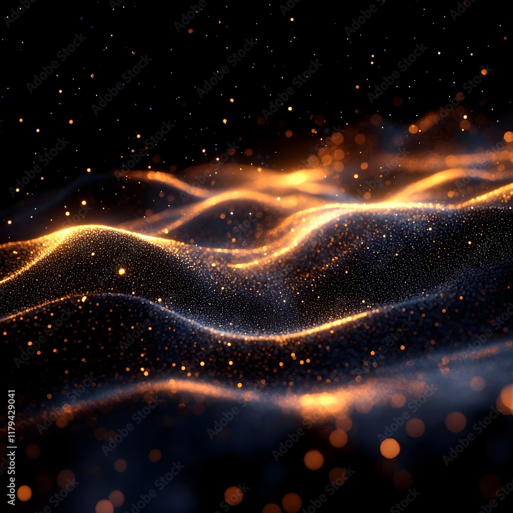 Wall mural a digital wave of tiny glowing particles in motion on a deep black canvas.