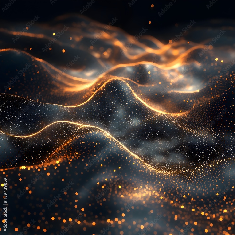 Wall mural a digital wave of tiny glowing particles in motion on a deep black canvas.