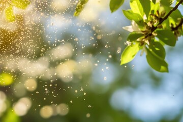Airborne Pollen in Sunlit Garden Near Spring Leaves