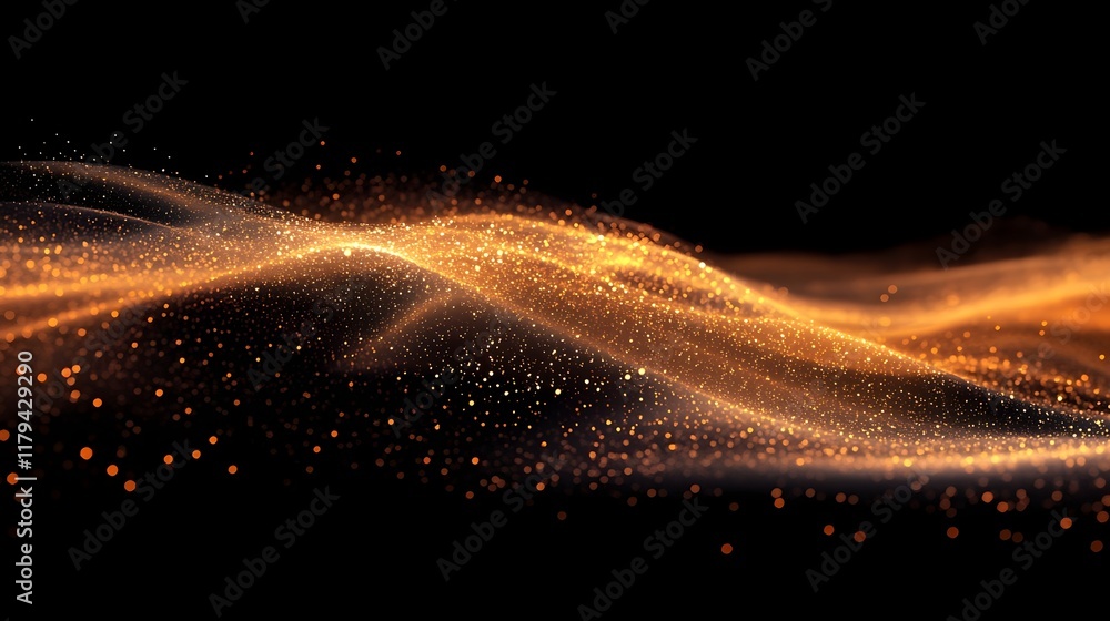 Wall mural a digital wave of tiny glowing particles in motion on a deep black canvas.