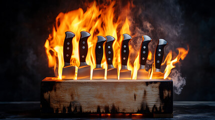 A knife block with knives engulfed in flames, showcasing a dramatic kitchen scene.
