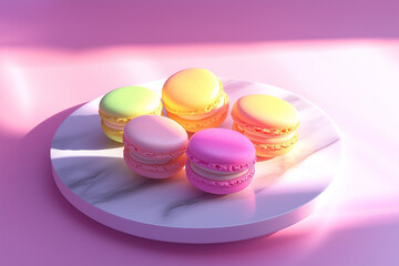Obraz premium A colorful collection of macarons placed on a marble plate, with a pastel background and soft shadows