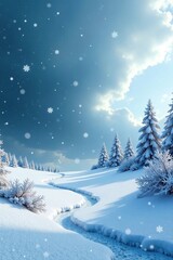 Naklejka premium Frosty landscape with snowflakes falling gently, frozen land, peaceful scene