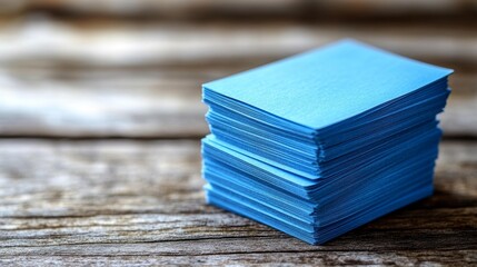 Stack of blue index cards on a rustic wooden table. Generative AI