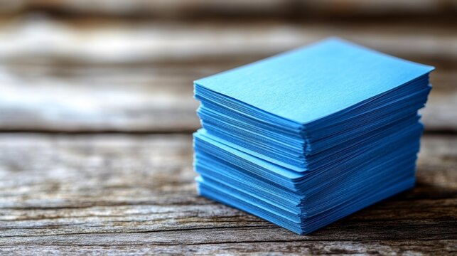 Stack of blue index cards on a rustic wooden table. Generative AI