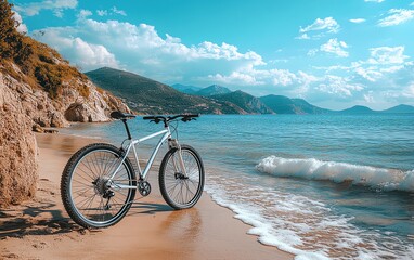 Fototapeta premium A bike on the seashore, resting on the soft sand with ocean waves crashing, a scene of fitness, motivation, and seaside outdoor adventure